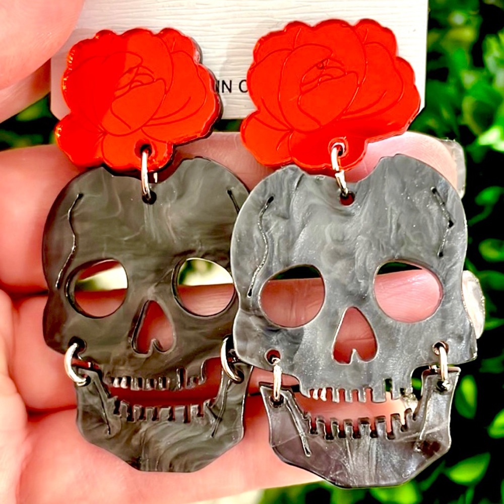Acrylic Rose Skull Earrings